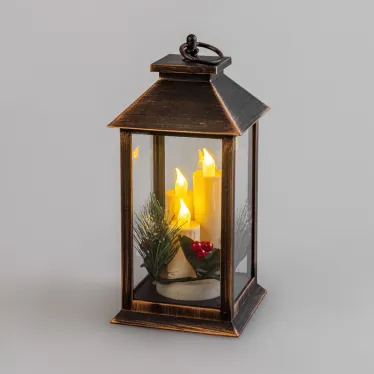 Декоративный фонарь со свечкой и шишкой, бронзовый корпус, размер 14x14x27 см, цвет теплый белый | 513-048 | NEON-NIGHT