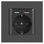 Розетка Intro Accent 6-410-07 P+E Schuko со шторками, 16А-250В + 2хUSB, IP20, СУ, графит