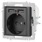 Розетка Intro Accent 6-410-07 P+E Schuko со шторками, 16А-250В + 2хUSB, IP20, СУ, графит