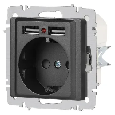 Розетка Intro Accent 6-410-07 P+E Schuko со шторками, 16А-250В + 2хUSB, IP20, СУ, графит