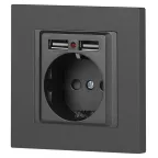 Розетка Intro Accent 6-410-07 P+E Schuko со шторками, 16А-250В + 2хUSB, IP20, СУ, графит