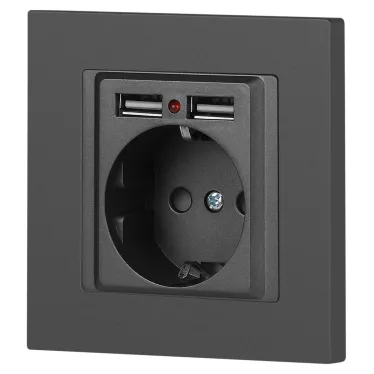 Розетка Intro Accent 6-410-07 P+E Schuko со шторками, 16А-250В + 2хUSB, IP20, СУ, графит