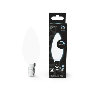 Лампа светодиодная Filament Свеча 9W 610lm 4100К Е14 milky диммируемая LED 1/10/50 | 103201209-D | Gauss