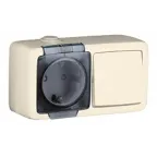 Alfa Блок с пылевлагозащитой, розетка одноместная, со шторками, с заземляющими контактами, выключатель одноклавишный, слоновая кость