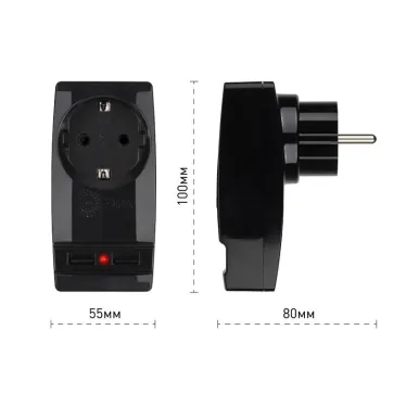 Адаптер ''Polynom'' 1гн 220V + 2xUSB 2100mA, c заземл, (черный) (10/60/1440) SP-1e-USB-B ''