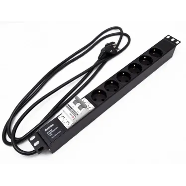 Блок розеток для 19' шкафов. горизонтальный. 6 розеток Schuko. автоматический выключатель. кабель питания 2.5м (3х1.5мм2) с вилкой Schuko 16A. 250В. 482.6x44.4x44.4мм (ШхГхВ). корпус алюминий. черный