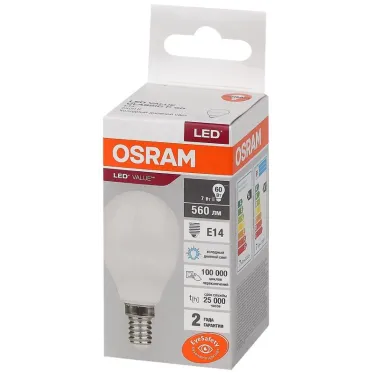 Лампа светодиодная LED 7 Вт E14 6500К 560Лм шарик 220 В (замена 60Вт) OSRAM