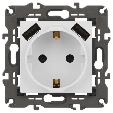 Розетка 2P+E 16A-250В, штор. с 2xUSB 5В-3А, Эра Elegance, белый 14-4109-01