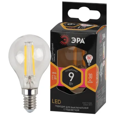 Лампа светодиодная F-LED P45-9w-827-E14 (филамент, шар, 9Вт, тепл, E14) (10/100/4000)