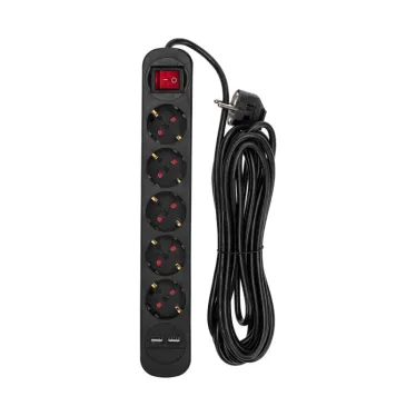 Удлинитель STANDARD 5 гнезд, 5 м, 3х1,0 мм2, с/з, с выключателем, 2 USB, черный