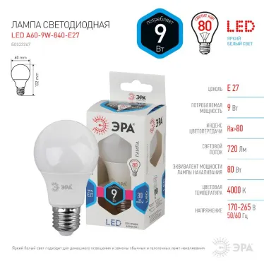 Лампа светодиодная LED A60-9W-840-E27 (диод, груша, 9Вт, нейтр, E27 (10/100/1500)