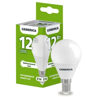Лампа светодиодная G45 шар 12Вт 230В 4000К E14 GENERICA