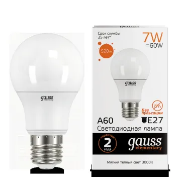 Лампа светодиодная LED 7 Вт 520 лм 3000К А60 груша теплый E27 AC 220В Elementary Gauss