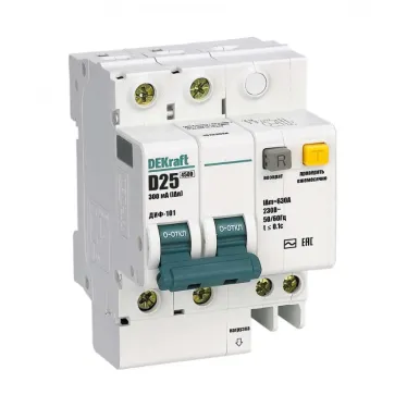 Выключатель автоматический дифференциальный АВДТ встроенная защита от сверхтоков 2Р 25А 300мА AC D ДИФ-101