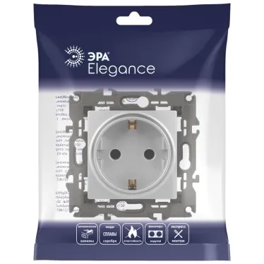 Розетка 2P+E Schuko со шторками, 16А-250В, Эра Elegance, алюминий, 14-2102-03