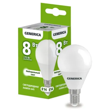 Лампа светодиодная G45 шар 8Вт 230В 4000К E14 GENERICA