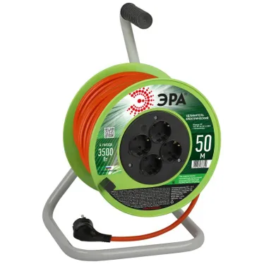 Удлинитель силовой на пластиковой катушке c заземлением 4 розетки 50м ПВС 3х1,5мм2 RP-4e-3x1.5-50m
