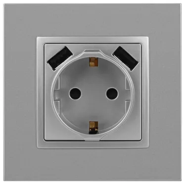Розетка 2P+E 16A-250В, штор. с 2xUSB 5В-3А, Эра Elegance, алюминий 14-4109-03