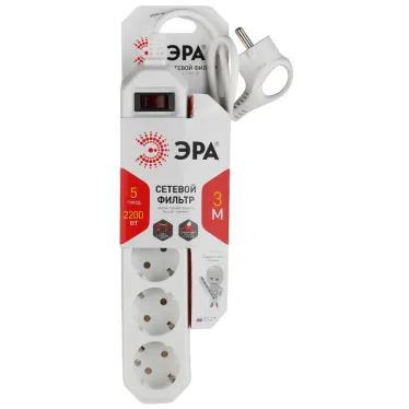 Фильтр сетевой 5х3м 10А с/з с выключателем белый