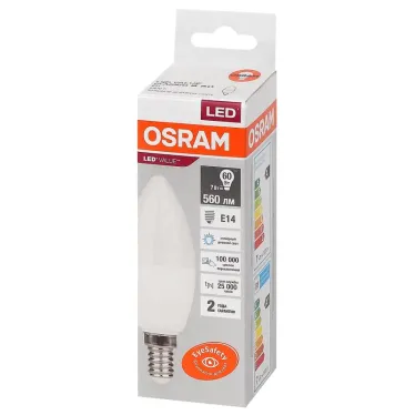Лампа светодиодная LED 7 Вт E14 6500К 560Лм свеча 220 В (замена 60Вт) OSRAM