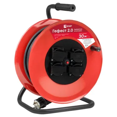 Удлинитель на катушке Гефест 2.0 4 гнезда 40м с заземлением и предохранителем КГ 3*2,5 16А/3,5кВт IP44 PROxima