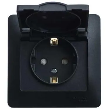 GLOSSA Розетка с заземлением со шторками с крышкой IP20 антрацит в сборе