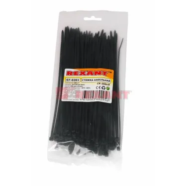 Хомут-стяжка кабельная нейлоновая 200x7,6 мм, черная, упаковка 100 шт, REXANT