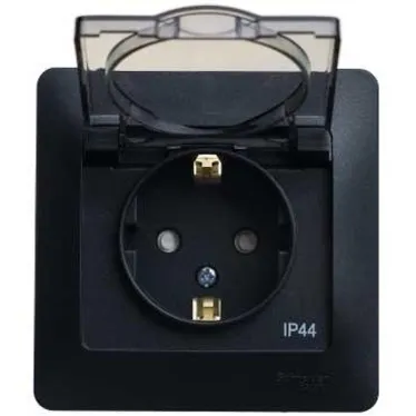 GLOSSA Розетка с заземлением со шторками с крышкой IP44 антрацит в сборе