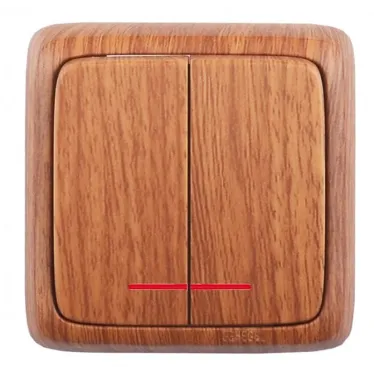 Выключатель двухклавишный наружный с изоляционной пластиной с индикацией дуб 16А