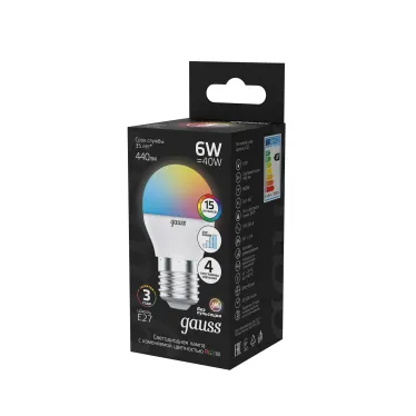 Лампа светодиодная Шар G45 6W E27 RGBW+димирование LED 1/100 | 105102406 | Gauss