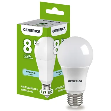 Лампа светодиодная A60 груша 8Вт 230В 6500К E27 GENERICA
