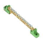 Шина 0 PE 6x9мм 14 отверстий латунь с контактной пластиной 2 зелёных угловых изолятора PROxima