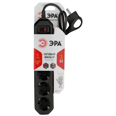 Фильтр сетевой 5х3м 10А с/з с выключателем черный