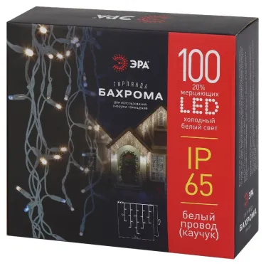 Светодиодная новогодняя гирлянда ERAPS-BK1 бахрома 0,7x2 м холодный белый свет 100 LED