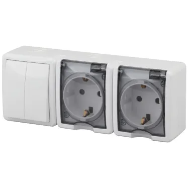 Блок две розетки+выключатель двойной IP54, 16A(10AX)-250В, ОУ, Эра Эксперт, белый, 11-7404-01