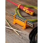 Шина 0 PE (6х9мм) 14 отверстий латунь желтый изолятор тип Стойка на DIN-рейку PROxima