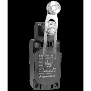 Выключатель путевой ВП 36-2143П-66 У2, рычаг со стальным роликом, регулируемый по длине, 1з+1р, безинерционный, 30х60 мм, без сальника, 3А, IP66