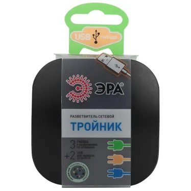 Тройник 3гнезда 220V + 2xUSB 2100mA , c заземлением, со шторками (черный) SP-3e-USB-BLACK