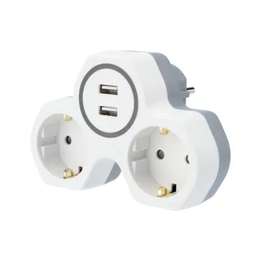 Двойник электрический 16 А заземл и шторками + 2 USB порта, 2,4 А, белый