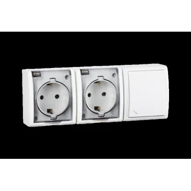 15 Aqua Блок розетка двойная с заземлением 16А 250В + выключатель проходной 10А 250В IP54 белый