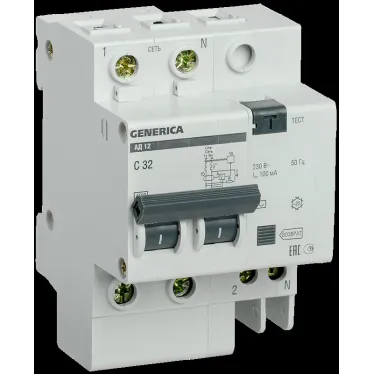 Выключатель автоматический дифференциальный АД12 2Р 32А 100мА GENERICA