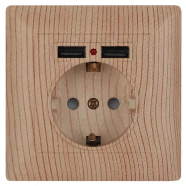 Розетка Intro Solo 4-410-11 с заземлением P+E Schuko со шторками, 16А-250В + 2хUSB, IP20, СУ, сосна