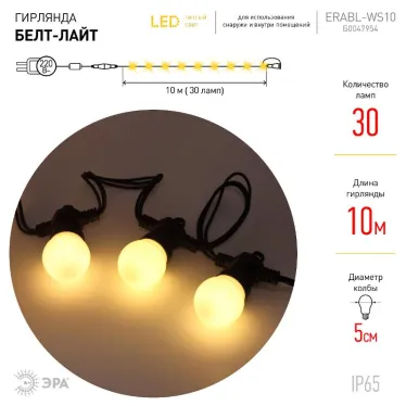 Гирлянда Белт Лайт набор 10 м, ERABL-WS10 30 LED ламп (шаг 30 см), теплый свет, 220 В, каучук