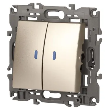 Выключатель двойной с подсветкой, 10АХ-250В, Эра Elegance, шампань,14-1105-04