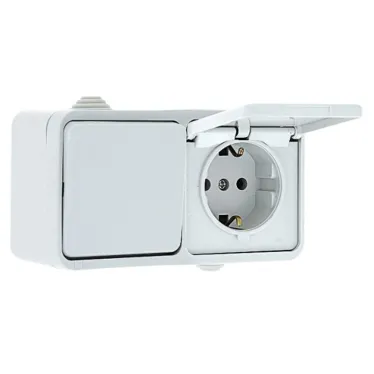 Блок розетка-выключатель 1-кл. 16А с/з с крышкой IP44 белая Прага