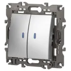 Выключатель двойной с подсветкой, 10АХ-250В, Эра Elegance, алюминий,14-1105-03