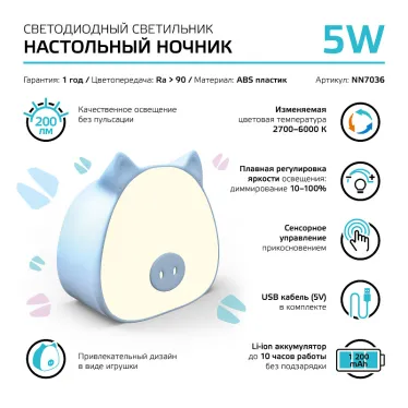 Светильник ночник настольный 5 Вт 200 лм 2700-6000К DC 5В Голубой IP20 112х54х109мм с Li-ion акк 1200мА диммируемый Qplus Gauss