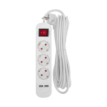Удлинитель STANDARD 3 гнезда, 5 м, 3х1,0 мм2, с/з, с выключателем, 2 USB, белый