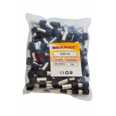 Наконечник штыревой втулочный изолир F-16 мм 25 кв мм (НШВи 25-16) черный, REXANT