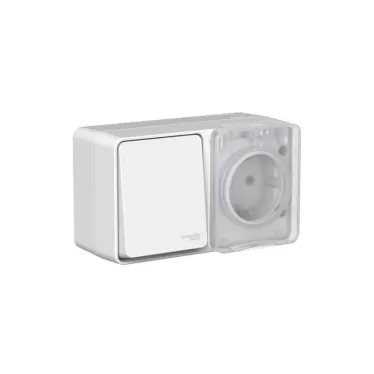 AtlasDesign PROFI IP54 блок открытого монтажа: розетка с заземлением со шторками 16А, выключатель 1-клав.10А, серый